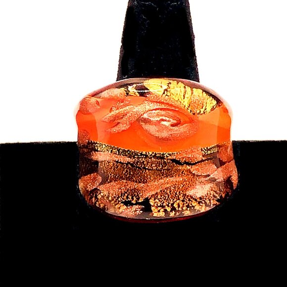 Handmade Art Glass Wide Band Statement Ring Orange Gold Size 8 or 7.5 - Picture 2 of 12